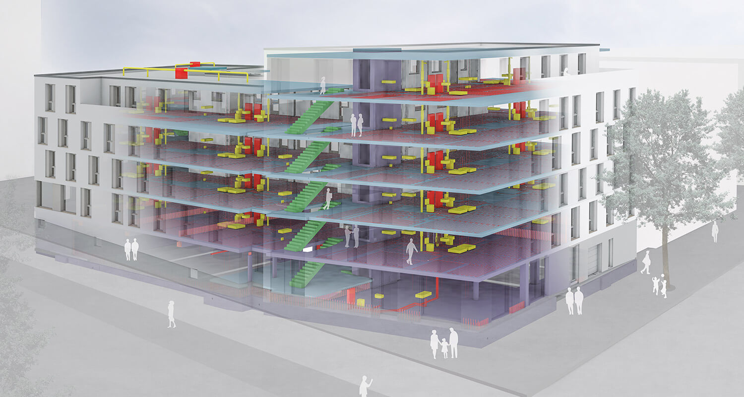 Digitales BIM-Modell des fertigen Gebäudekomplexes in Kassel