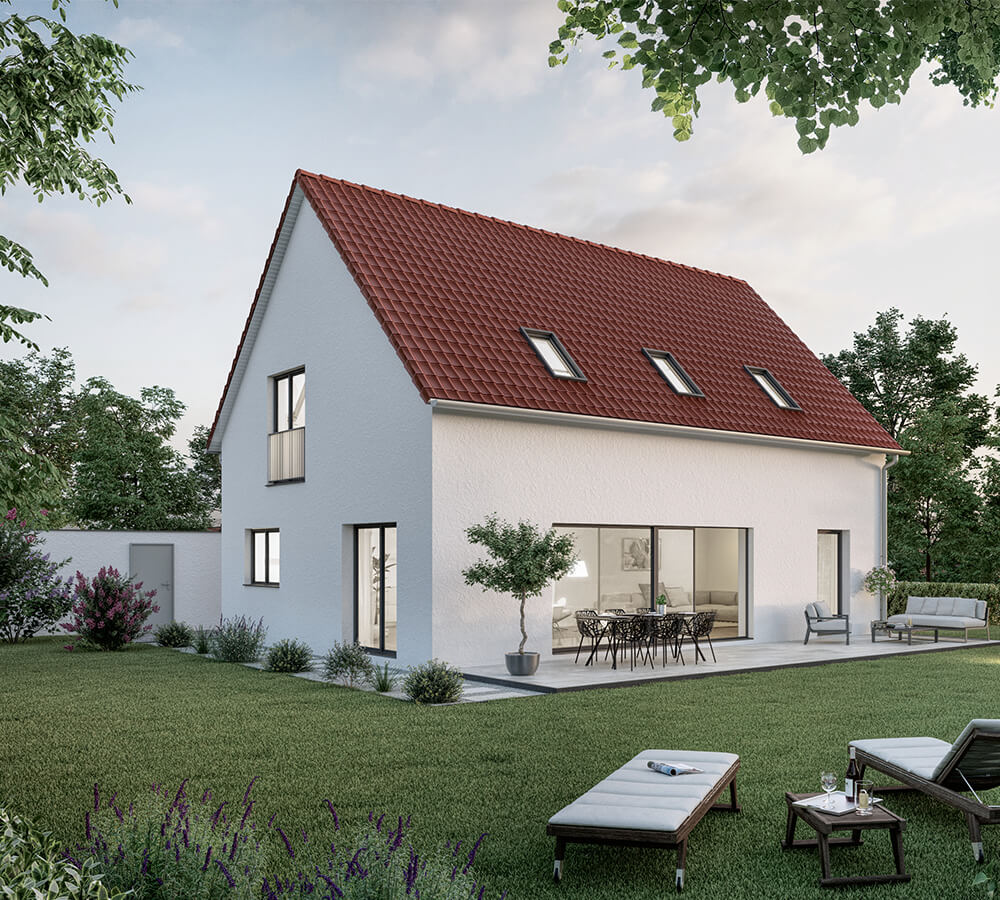 Visualisierung eines Siedlungshauses mit Garten und Terrasse